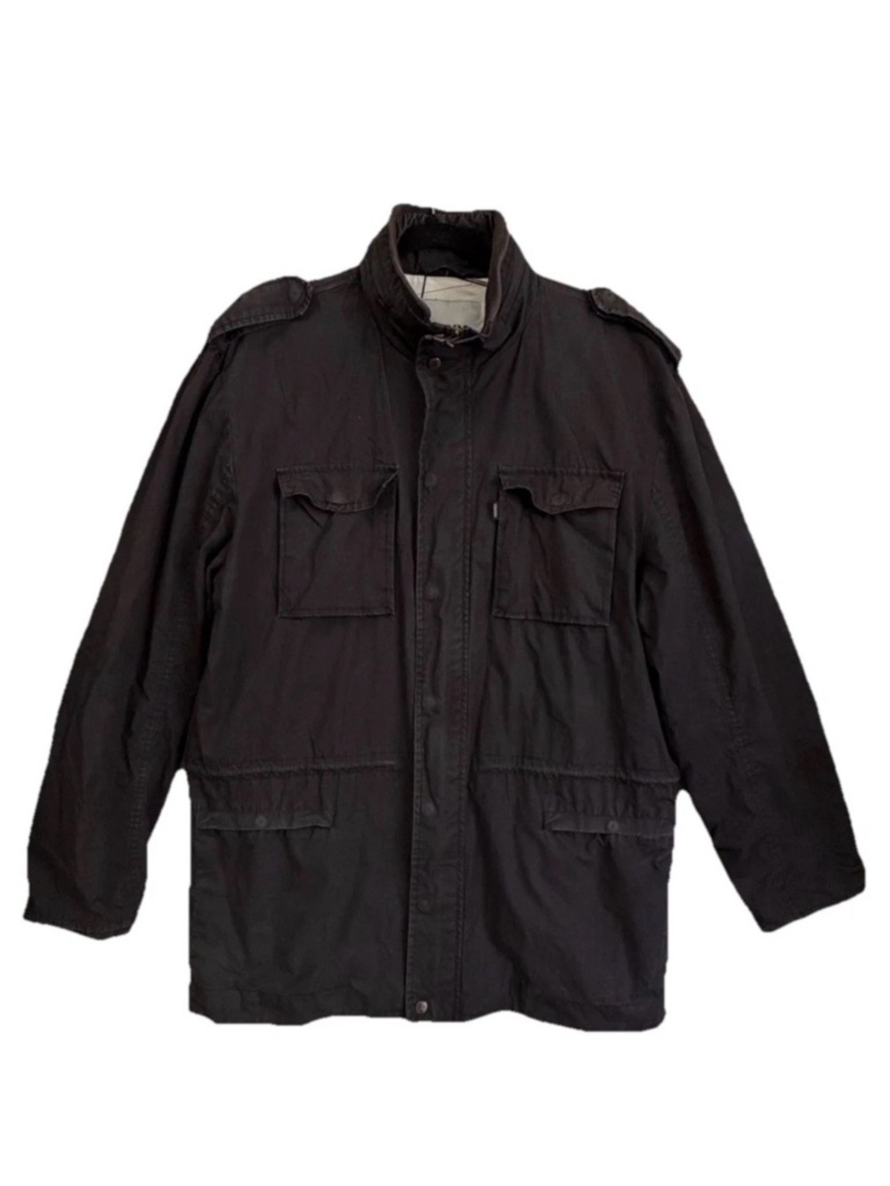 Men's Black Military Jacket Outdoor Epaulet Button Zipper Flap Pocket Lined Sz L